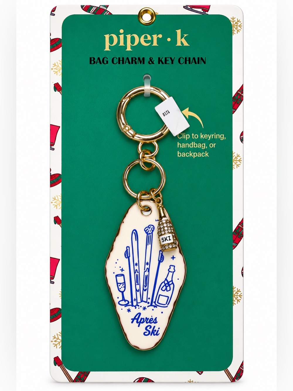 Piper K NWT Aprés Ski Bag Charm Key Chain Gold Rhinestone Champagne Bottle Motel